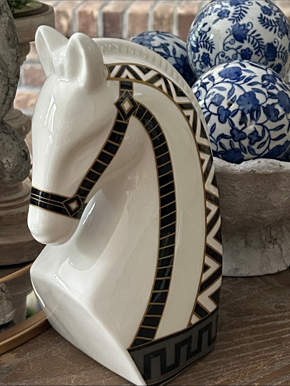 NEW! Vintage Inspired Black Metallic Gold & White Ceramic Trojan Horse Bust